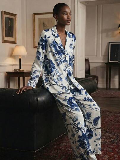 JIAN LASALA Blusa de pijama con estampado floral, cuello de solapa, manga larga, botones y bolsillo. Colección de ropa de pijama de lujo, elegante y con estilo para mujeres