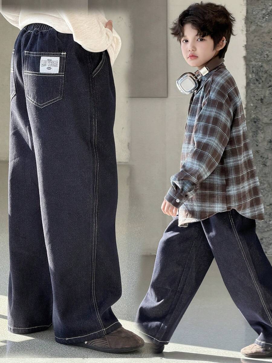 DAZY Tween Boy Casual Elastic Waist Slant Pocket Loose Fit Jeans, Autumn - Black - View 1