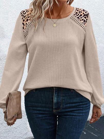 EMERY ROSE Plus Size Women's Contrast Leopard Print Long Sleeve T-Shirt Print Tees Women Tops For Spring