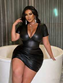 NU&NOW Women's Slim Fit Sexy Country V-Neck Ruched Plus Size Dress, Suitable For Party Rave Cocktail, Date, Daily Wear, Sexy Elegant Black Summer - Black - View 2