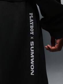 PLAYBOY X SUMWON Oversized Hooded Sweatshirt Matching Joggers Set With Embroidered Text Full Zip Closure Elastic Waistband Drawstring Comfortable Relaxed Fit - Dark Grey - View 7