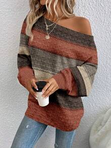 EMERY ROSE Plus Size Women Casual Knit Striped Off-Shoulder Sweater, Suitable For New Year Spring, Fall - Multicolor - View 3