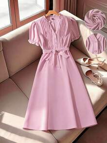 GlowEve CURVE 女式优雅纯色褶皱 V 领休闲短袖衬衫裙