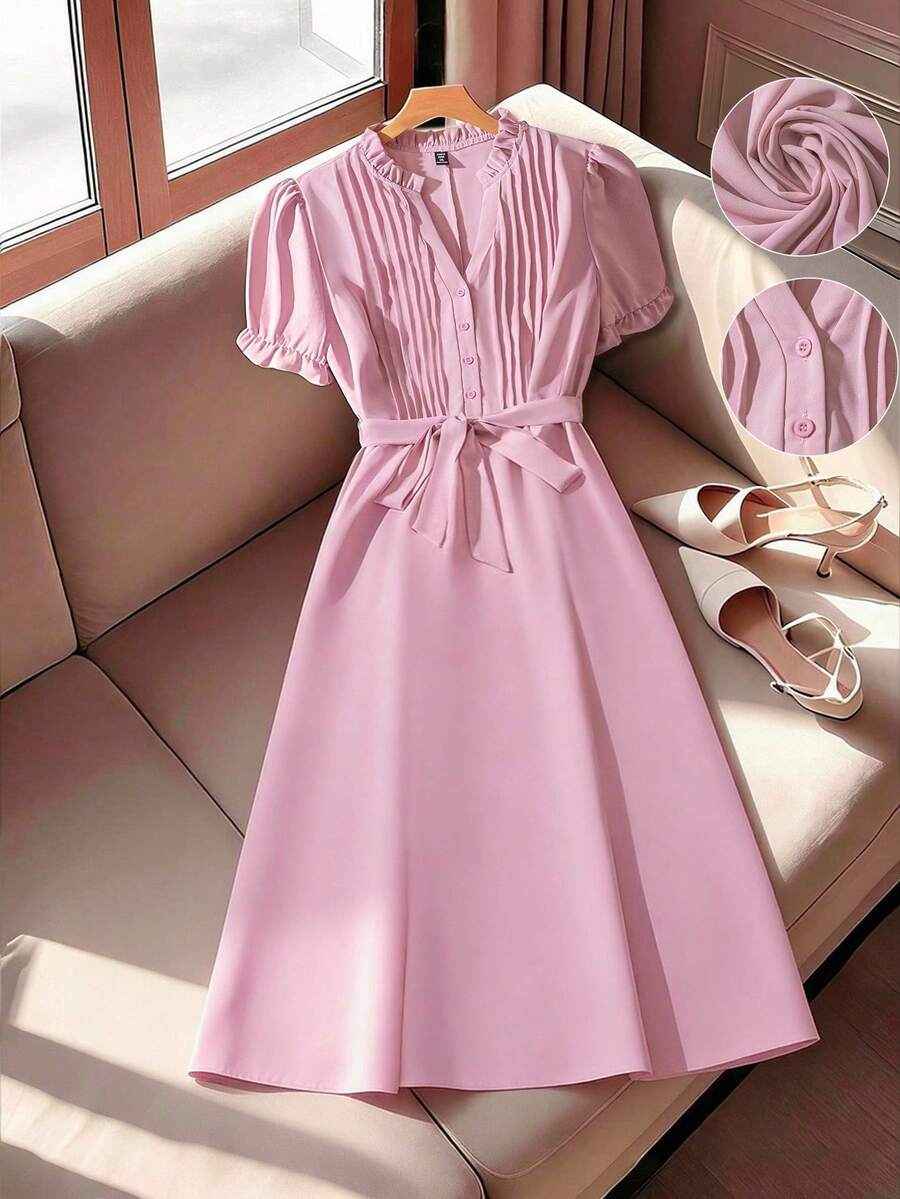 GlowEve CURVE 女式优雅纯色褶皱 V 领休闲短袖衬衫裙