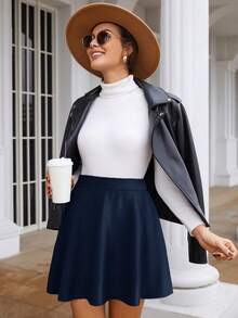 SHEIN Frenchy Solid Color High Waist Elegant Fashion Skirt, Suitable For Daily Commute Spring - Navy Blue - View 6