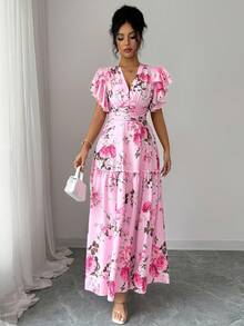 SHEIN Elenzya 荷叶边袖V领收腰A字印花优雅浪漫连衣裙，适合茶会、乡村度假、旅行等场合。 - 彩色 - 查看 4