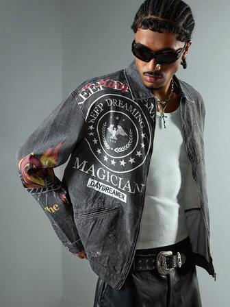 Camicia di jeans casual da uomo con stampa di lettere lavata