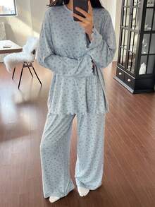 DAZY 两件套女士碎花宽松舒适长袖睡衣套装 - 棕色 - 查看 3