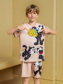 SHEIN Felix The Cat مجموعة ملابس علوية كم قصير وشورت بطبعة قطة لصبي مراهق، مريحة وناعمة - متعدد الألوان - مشاهدة 3