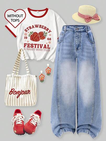 SHEIN ChillGRL 少女复古做旧时尚个性前片开衩漂白喇叭牛仔裤，配3D蝴蝶结，百搭休闲蓝色牛仔裤，适合所有季节