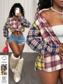 BamGleam Camisa casual de mujer a cuadros con bloques de color, otoño