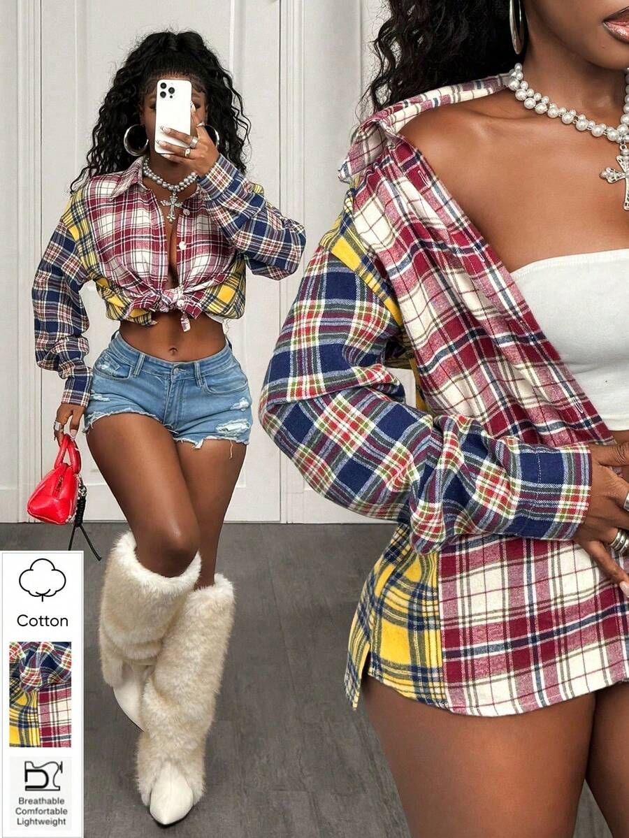 BamGleam Camisa casual de mujer a cuadros con bloques de color, otoño