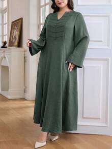Al Najma Plus Size Women's Solid Color Minimalist Long Sleeve Abaya Dress, Everyday Wear - Green - View 6