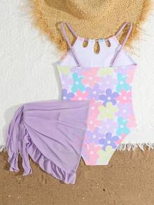 SHEIN Girls Swimsiut One-Piece Bathing Suit With Mesh Cover Ups Adjustable Straps Cut Out Swimwear - Multicolor - View 2