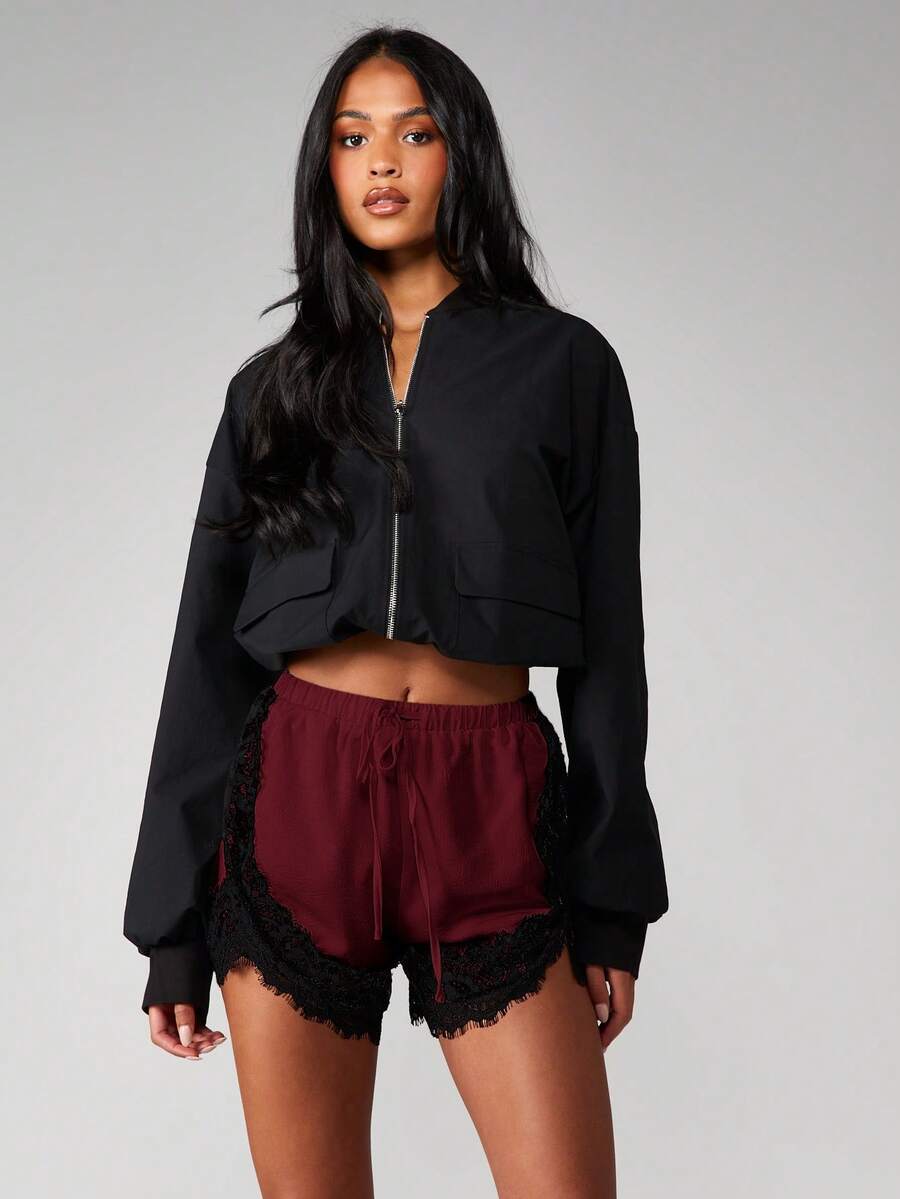 MISSGUIDED Satin Drawstring Shorts With Lace Trim Detail Casual Summer Sleepwear Lounge Bottoms - Burgundy - View 1