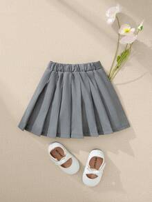 Souflis Souflis 1pc Baby Girl Pleated Skirt, Children's Woven Comfortable Skirt With Bow Waistband And Button Design, Adding Fashionable And Sweet Style, Elastic Waist And Loose Fit, Suitable For Autumn Occasions Like Vacation And Daily Wear - Grey - View 3