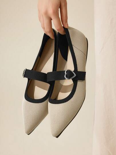 CUCCOO BASICS Women's Pointed Toe Flat Mary Jane Shoes, Knit Fabric, Comfortable & Versatile For Commuting, Work, Casual Wear