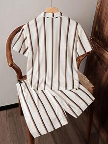 Teen Boy Textured Striped Short Sleeve Shirt And Striped Shorts, Casual And Comfortable For Outdoor And Indoor Wear, Suitable For Summer