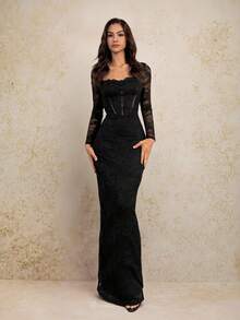 SHEIN Tall Women's New Sexy S-Shaped Lace Long Sleeve Bustier Corset Mermaid Dress For Party, Date Night, Evening,Black Dresses Classy Elegant,Fall Dresses For Women Eleganza Curve Valentine's Day Collection - Black - View 1