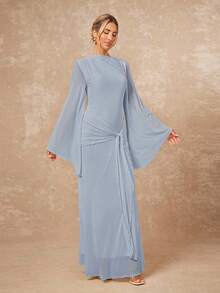 Lumalex Women's Loose Sheer Dress With Tie-Up Sash And Flowy Sleeves Light Blue Long Dress Baby Blue Maxi Dress - Blue - View 6