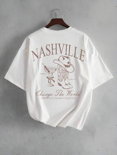 StoneGrade Men's Wild Western Cowboy Boot & Hat Mojito Cocktail Print Regular Fit White Crew Neck T-Shirt