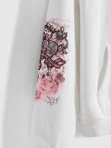ROMWE Grunge Punk Vintage Romantic Rose Floral Vine Heart Rhinestone Embellished Pullover Sweatshirt, Autumn/Winter - White - View 3