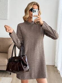 EMERY ROSE 女士格子长袖休闲百搭连衣裙 - 棕色 - 查看 5