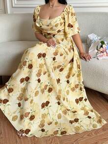 Flirla Yellow,Summer,Elegant,Wedding Guest French Retro Floral Ruched Bust Ruffle Hem Short Sleeve A-Line Dress,Waist Cinching Princess Outfit - Multicolor - View 6