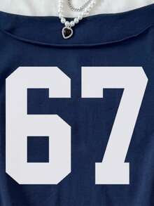 SHEIN Tween Girl Casual Street Style Vintage College Numeric Print Asymmetrical Shoulder Loose Personalized Drop Shoulder Short Knit Comfortable Pure Cotton Solid Color T-Shirt, Navy Blue