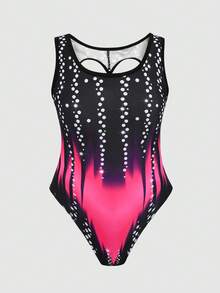 SHEIN Tween Girl Spring/Summer Beach Vacation High Elasticity Faux Rhinestone Tie-Dye Print Back Heart Cutout One-Piece Swimsuit Colorful Tween Girl - Hot Pink - View 1