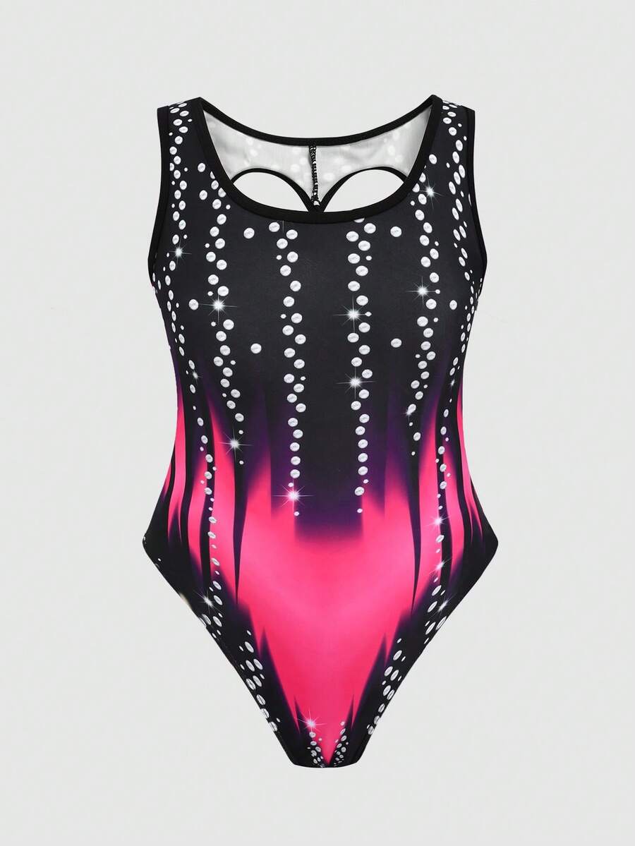 SHEIN Tween Girl Spring/Summer Beach Vacation High Elasticity Faux Rhinestone Tie-Dye Print Back Heart Cutout One-Piece Swimsuit Colorful Tween Girl - Hot Pink - View 1