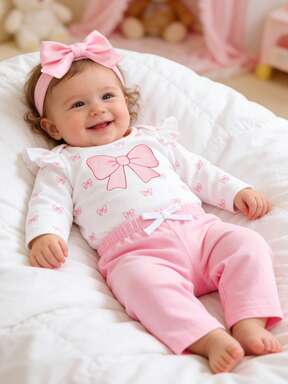 SHEIN Newborn Baby Round Neck Ruffle Trim Long Sleeve Bow Decor Comfortable Breathable Top And Pants Set