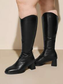 CUCCOO CURVES 女士时尚百搭通勤厚底高跟宽筒靴 - 黑色 - 查看 3