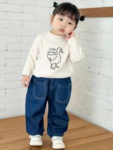 SHEIN 女婴休闲高领印花长袖T恤 - 米色 - 查看 4