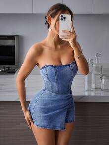 SHEIN PETITE Women's Denim Jumpsuit Dress With Ruched Asymmetrical Hem, Fashionable For Vacation And Travel - Blue - View 4