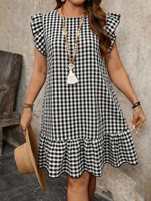 SHEIN Clasi Plus Size Women Floral Print Ruffle Sleeve Loose Casual Summer Vacation Dress Picnic Dress For Woman Checkered Dress Plaid Dress Women Gingham Dress Short Sleeve Summer Dress - Black and White - View 5