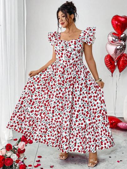 SHEIN Elenzya Vestido acampanado con diseño de cintura y estampado de cerezas, talla grande, para el Día de San Valentín