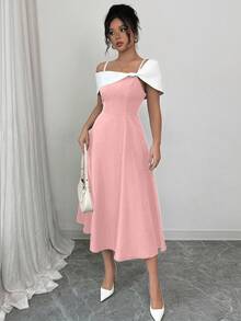 Elenzga Women's Elegant Commuter Contrast Color Patchwork Asymmetric Collar Dress - Pink - View 3