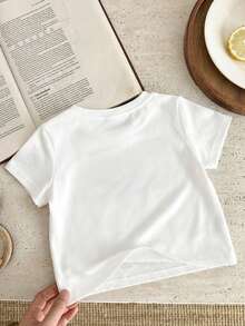 SHEIN Baby Boy/Girl  Casual Cartoon Print Short Sleeve Crew Neck Top, Suitable For Summer, Classic Cute Little Boy Pattern Print, Stars, Moon, Lantern - White - View 2