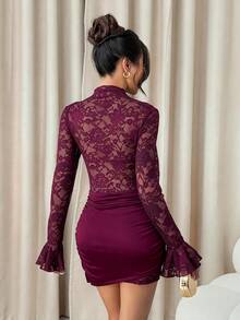 SHEIN PETITE 酒红色性感透视蕾丝迷你连衣裙，适合日常约会、夜间外出、夜店、派对、聚会、鸡尾酒会、泳池派对以及秋冬季穿着。 - 酒紅色 - 查看 2