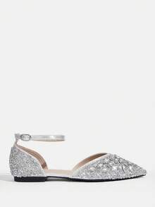 CUCCOO TILAWA Women's Fashionable & Elegant Party Rhinestone Decorated Pointed Toe Flats For Christmas - Silver - View 4