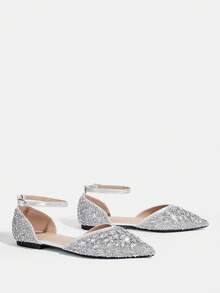 CUCCOO TILAWA Women's Fashionable & Elegant Party Rhinestone Decorated Pointed Toe Flats For Christmas - Silver - View 8