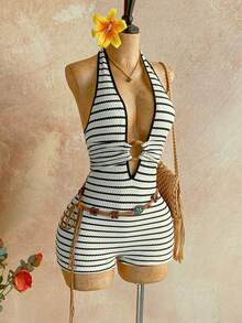Soleia Bộ jumpsuit nữ màu trắng dệt kim có họa tiết, hở lưng, điểm nhấn là những vòng tròn trang trí, thanh lịch cho lễ Halloween, Giáng sinh, dạo phố, gợi cảm. - Nhiều màu - Xem 6