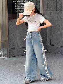 SHEIN 青少年女孩 Y2K 時尚側條紋蝴蝶結寬鬆直筒寬腿牛仔褲，復古水洗休閒款，斜口袋設計，適合夏季、秋季假期，適用於日常出行、戶外、居家、早午餐、茶會、通勤、機場穿搭、返校季、鄉村音樂會 - 藍色 - 查看 3