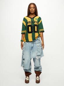 SUMWON Plus Size Chunky Knit Brazil Flag Inspired V Neck Short Sleeve Jersey Top With Number Print Football Fan Casual Wear - Multicolor - View 4