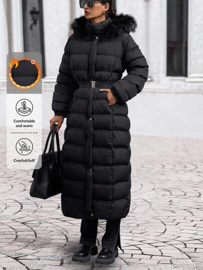 EURMUSE Petite Size Faux Fur Hooded Puffer Long Length Coat, Belt Details, Metallic Zipper And Accessory, Warm And Elegant