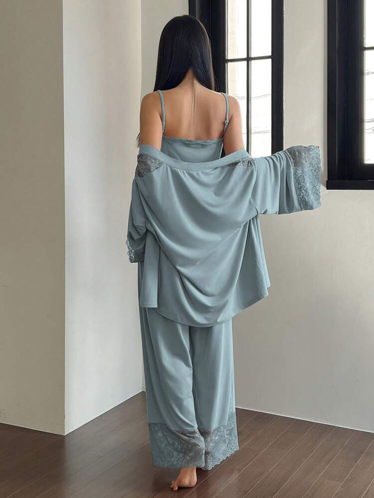 3pcs Lace Patchwork Robe, Camisole & Pants Women Sleepwear Set