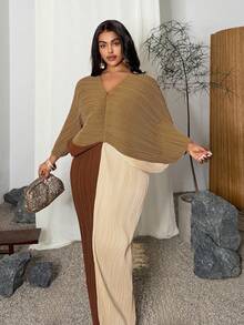 Maweii Plus Size Women Sexy Casual Commuter Color Block Batwing Sleeve V-Neck Bodycon Dress - Multicolor - View 2