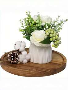 1 Set 12 Inch Round Wooden Elegant Rustic Farm Candle Holder Decorative Tray Centerpiece Natural Color For Kitchen Dining Room Home Decor Farmhouse Style Vintage Handmade Table Decor - Multicolor - View 3