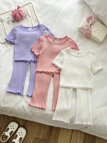SHEIN LMoss Kids 6件套女婴休闲可爱纯色针织短袖T恤和松紧腰喇叭裤套装 - 彩色 - 查看 2